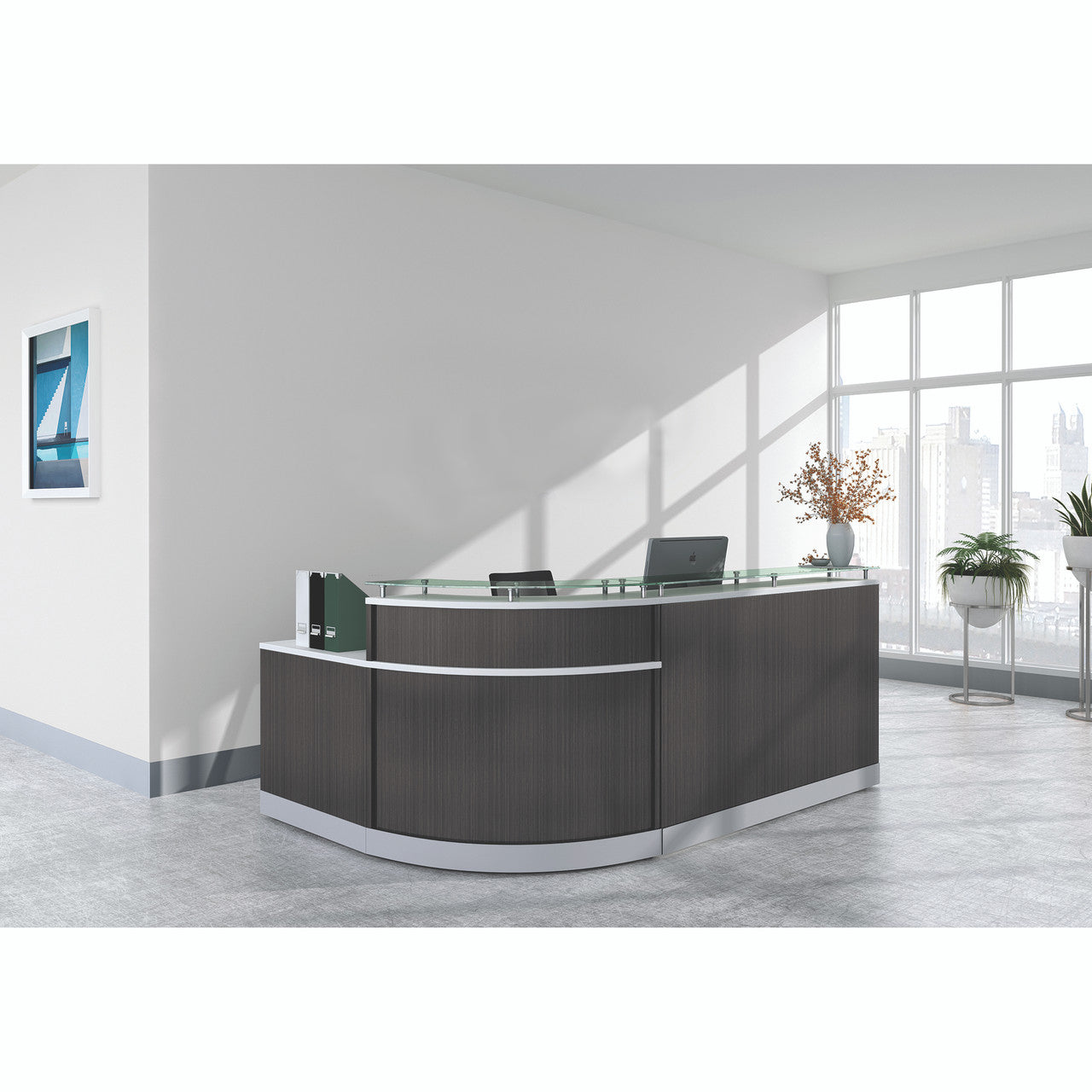 COSMO6 - Cosmo Glass Top 80" L Shaped Reception Desk w/ ADA Return by Office Source