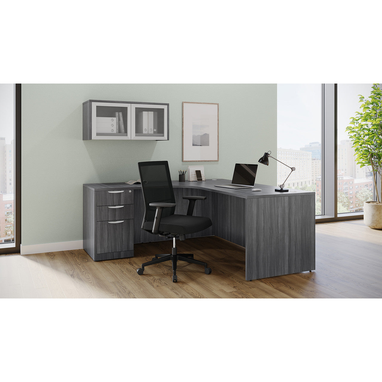 OSTYP308 - OS Laminate L Shaped Desk w/ Inner Curve & Wall Mounted Glass Door Hutch