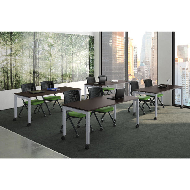 Set of Four OfficeSource modern training tables with adjustable height legs and locking casters in a training seminar room