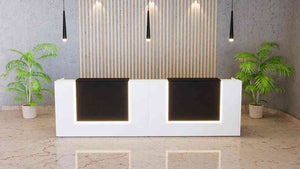Front view of Corp Design Potenza dual reception desk with sleek LED lighting and modern minimalist design.