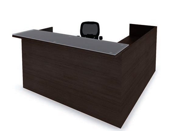 AM400N Amber 'L' Shaped Reception Desk, Glass Transaction Top