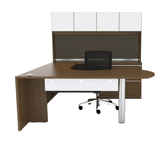 VL-727  Verde 'U' Shaped Office Desk W/ Semi Lateral Pedestal & Hutch, 'ArcEnd' Top